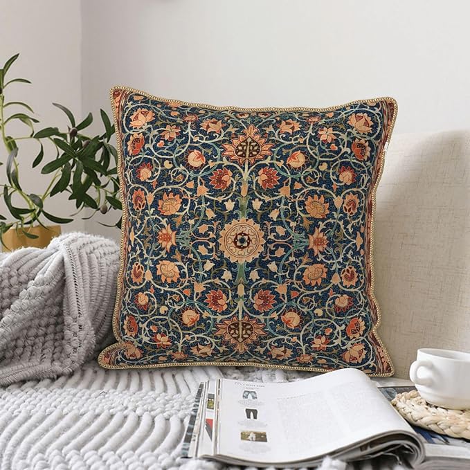 Floral Vintage Velvet Pillow Covers 20x20 In Orange Bohemian Tapestry Art Deco Throw Pillows for Couch Soft Durable Cushion Covers Pillowcase Antique Boho Flower Pillow Cases for Sofa Bed Living Room