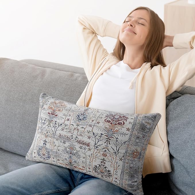 Boho Throw Pillow Covers 12x20 inch Set of 2,Soft Pillowcases Bohemia Carpet Printing Pattern Decorative Sofa Living Room Bed Rectangle Pillow Case Cushion Cover-Gray Flower