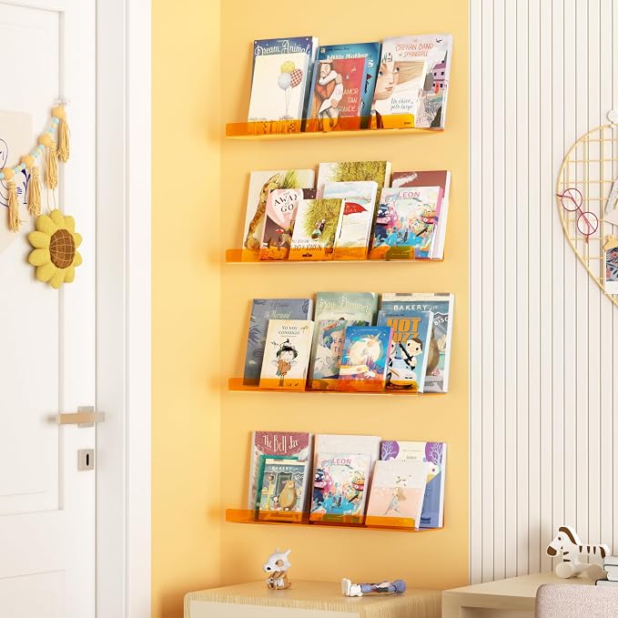 upsimples 4 Pcs 15" Acrylic Shelves for Wall Decor and Display, Orange | Cute Floating Shelf for Perfume, Skincare, Nail Polish, Wall Organizer for Bedroom, Living Room, Playroom, Room Décor