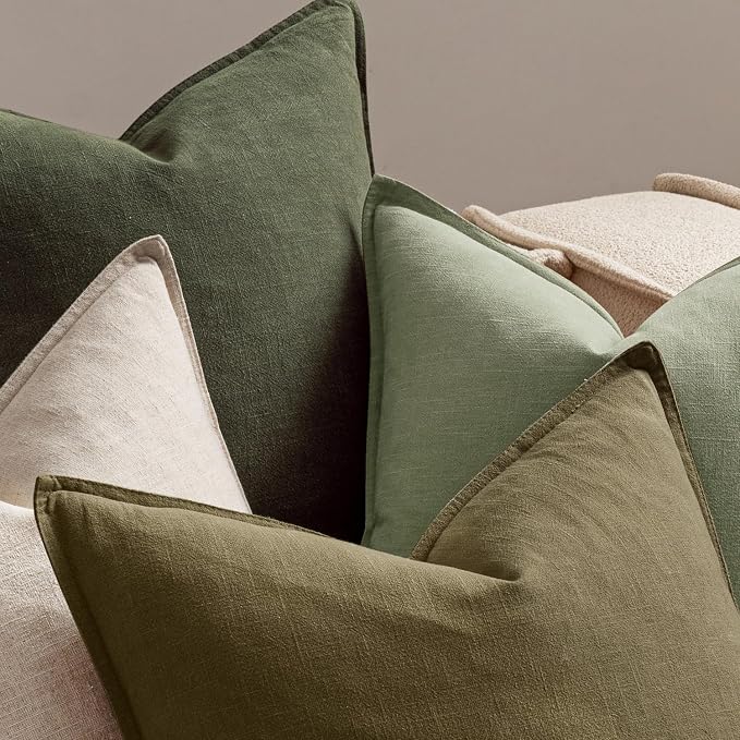 MIULEE Green and White Boho Linen Pillow Covers 20x20 Inch Pack of 4 | Natural Throw Pillow Covers, Soft Farmhouse Couch Pillowcases, Modern Decor for Living Room Bed Sofa