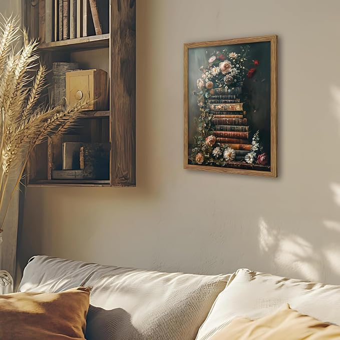 Vintage Framed Wall Art Flowers Books Canvas Prints, Dark Academia Wildflowers Oil Painting, Botanical Book Pictures Artwork for Living Room Bedroom Study – Dark Wooden Frame 12x16in