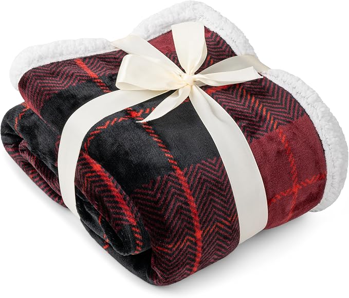 PAVILIA Plaid Sherpa Throw Blanket for Couch Sofa Bed, Black Red, 50x60 | GSM 460; Soft Plush Flannel Fleece; Warm&Cozy for Home; Machine Washable, Perfect Cabin Decor Winter Holiday Christmas Gift