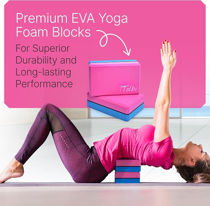 TTolbi Yoga Starter Kit - Yoga Blocks 2 Pack, Strap & 2 Knee Pad Cushions | Non-Slip EVA Foam Equipment for Stretching, Flexibility & Joint Comfort | Home Pilates Set for Beginners, Women & Men