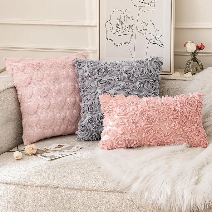 MIULEE Decorative Rose Flower Pillow Covers Pack of 2 Peach Pink 12x20 Inch | Cute Romantic Stereo Chiffon Throw Pillow Cover Aesthetic Solid Pillowcase for Girl Coquette Room Decor Coach Bedroom