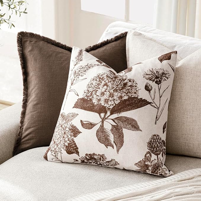 Foindtower Set of 2 Linen Floral Throw Pillow Covers Vintage Accent Print Decorative Cushion Covers Farmhouse Boho Home Decor for Sofa Chair Couch Bedroom Living Room,24×24 Inch,Dark Brown