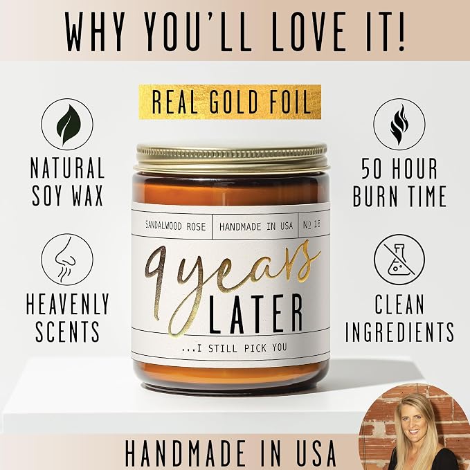 9 Year Gift for Anniversary for Her - '9 Years Later' Soy Candle, w/Sandalwood Rose - Infused w/Essential Oils I 9th Anniversary Wedding Gift for Wife I 50Hr Burn I USA Made