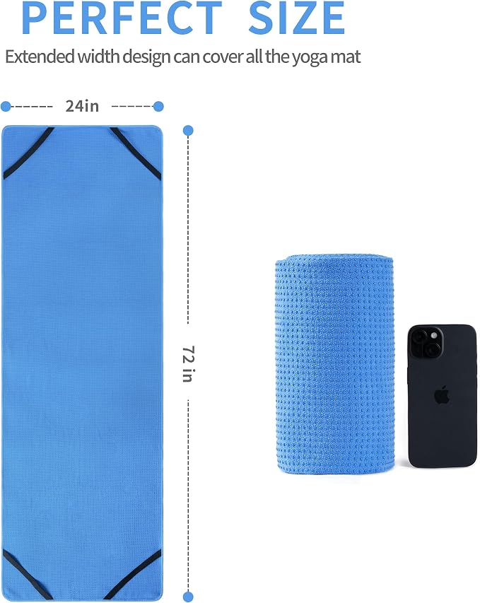 MICROFI Microfiber Hot Yoga Towel Mat, 24 x 72 inches, with Non-Slip Silicone Grip, Secure Fit Elastic Straps (Blue)