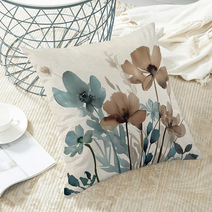 Spring Floral Pillow Covers 18x18 Inches Set of 2 Blue Brown Floral Throw Pillow Covers Outdoor Rustic Summer Flower Decoration Pillowcase Farmhouse Decorative Cushion Cover For Home Sofa Couch