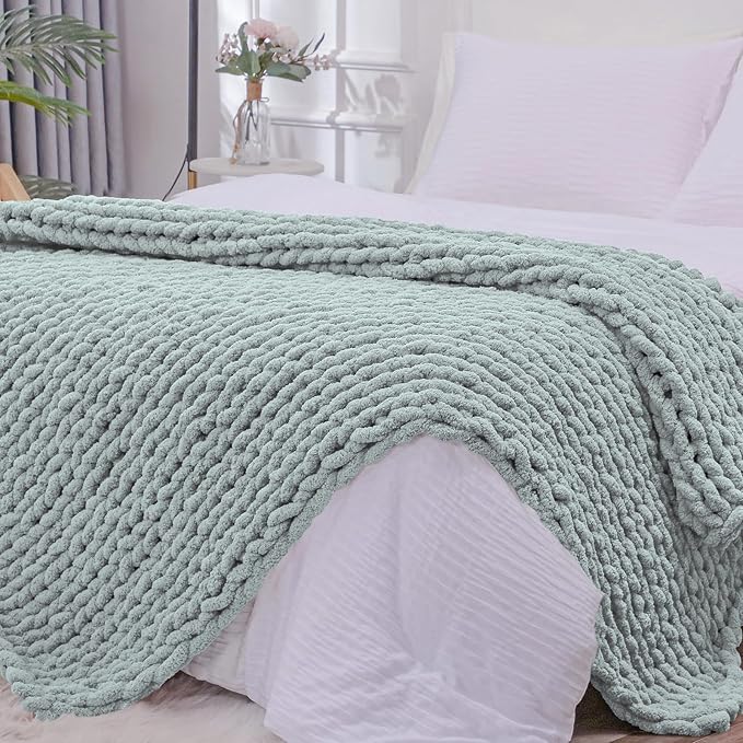 Bigacogo Chunky Knit Throw Blanket for Couch, 51x63 inches, Misty Green | Hand Knit with Jumbo Chenille, Soft Breathable Cable Knit for Sofa Bed Living Room, Machine Washable, Gift for Mom Friend