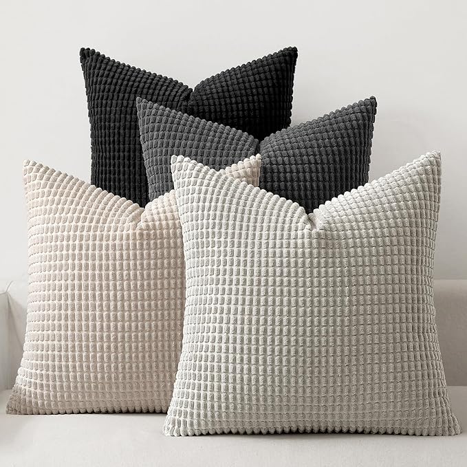 MIULEE Neutral Cream/Grey Decorative Pillow Covers 18x18 Inch Set of 4 | Boho Western Farmhouse Throw Pillows, Industrial Corduroy Couch Pillowcases, Home Decor for Sofa Living Room Bed
