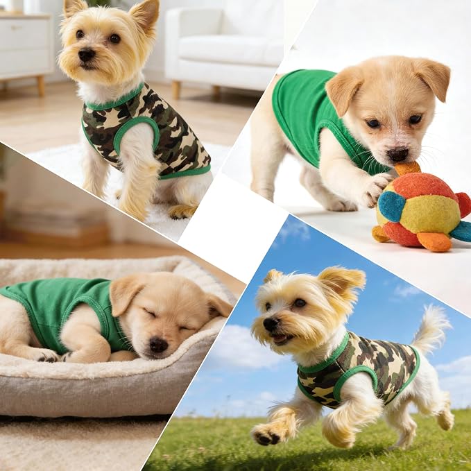 2 Pack Dog Shirts for Small Dogs Girl Boy Camouflage Puppy Clothes Pet T Shirts Dog Clothes for Small Dogs Cats Apparel (Green Camouflage + Solid Color, Small)