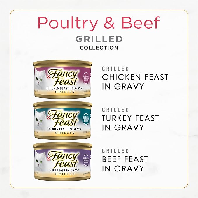 Fancy Feast Purina Grilled Wet Cat Food Poultry and Beef Collection Wet Cat Food VarietyPack - 3 Ounce (Pack of 60)