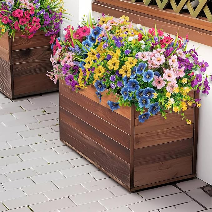 24 Pcs Mixed Artificial Flowers for Outdoors Home Decorations | Fake silk flowers, plastic plants, faux lavender, UV resistant for garden patio window box office table kitchen home decor
