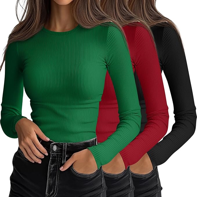 Ficerd 3 Pack Women's Ribbed Long Sleeve Tops, Crew Neck Slim Fit Undershirts Knit Basic Casual Stretch Layering Tee Shirts