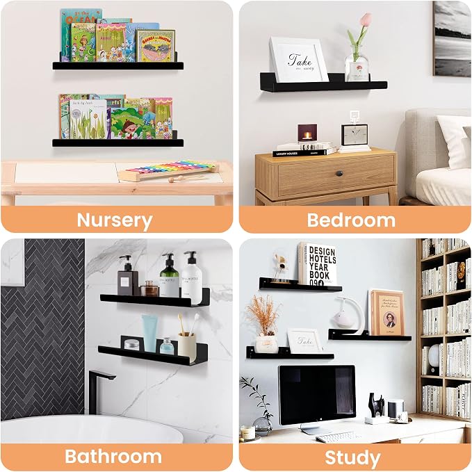 upsimples 4 Pcs 15" Acrylic Shelves for Wall Organize and Display, Black | Cute Floating Shelf for Perfume, Skincare, Nail Polish, Wall Organizer for Bedroom, Living Room, Playroom, Room Décor