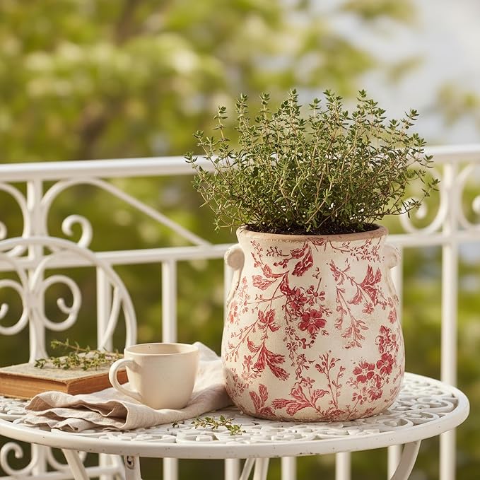 Antique Ceramic Planter & Vase for Home Decor, Rustic Farmhouse Flower Pot | 6.68 Inch Indoor Decorative Plant Pots, Vintage Ornament, Perfect for Bookshelf & Tabletop, Unique Gifts for Women, Red