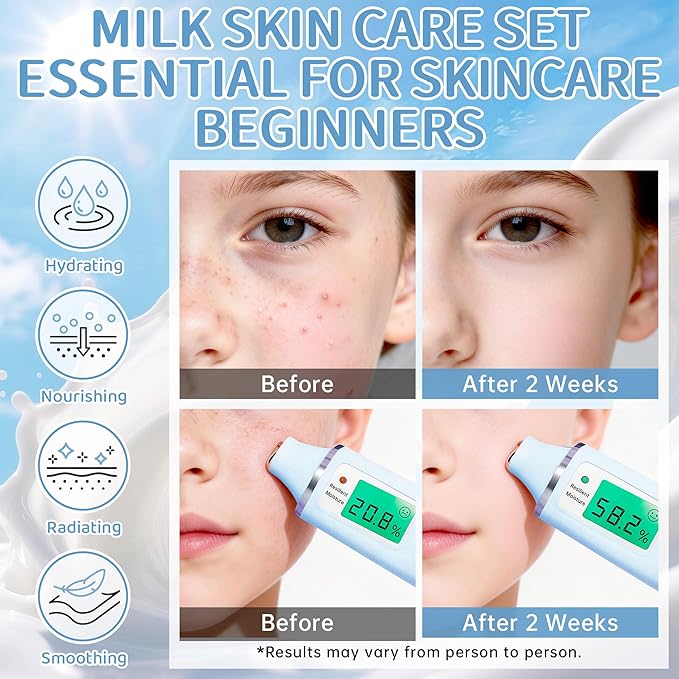 Milk Skincare Set for Kids & Teens 12PCS - Milk Skin Care for Girls Ages 8-12, Milk Extract Skincare for Beginners with Niacinamide & Hyaluronic Acid - Moisturizing Skin Kit for Daughter, Girls