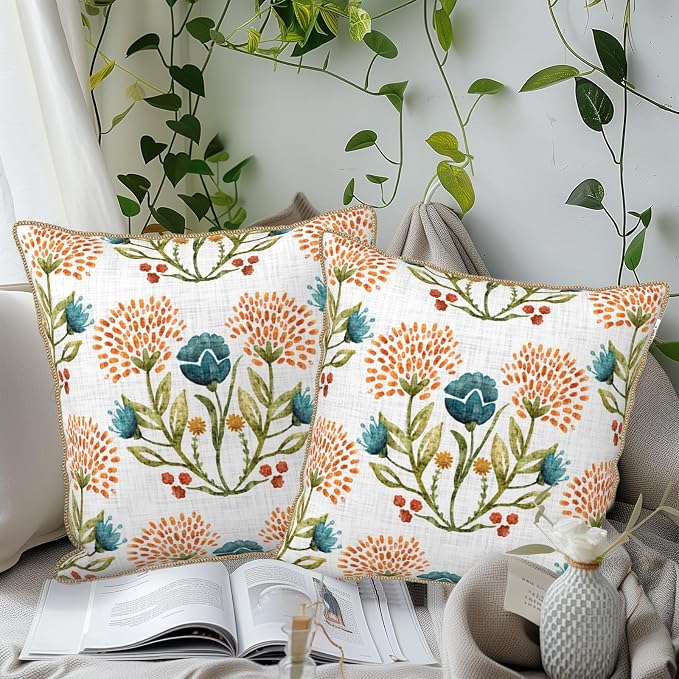 KSLIDS Floral Leaf Soft Velvet Throw Pillow Covers Set of 2 Orange Flowers Sage Green Leaves Decorative Pillow Covers 18x18 Inch Farmhouse Pillow Case for Sofa Couch Living Room Home Decor