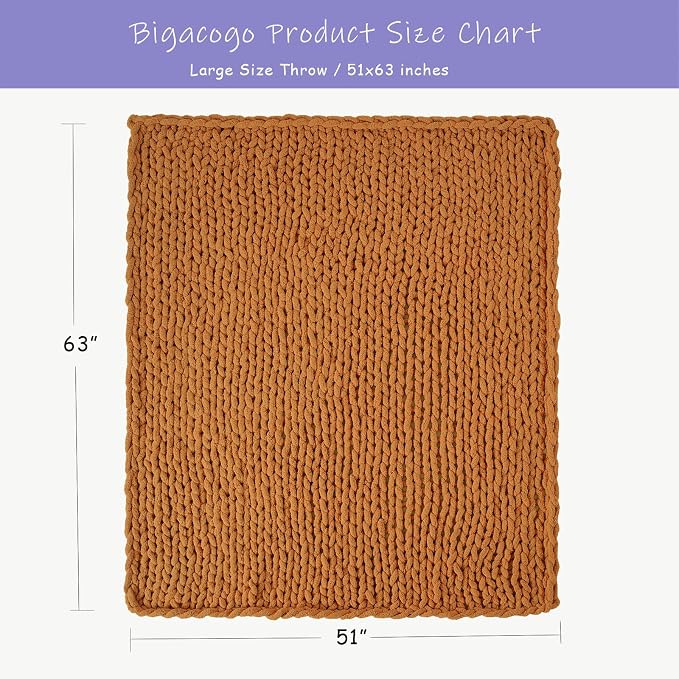 Bigacogo Chunky Knit Throw Blanket for Couch, 51x63 inches, Burnt Orange | Hand Knit with Jumbo Chenille, Soft Breathable Cable Knit for Sofa Bed Living Room, Machine Washable, Gift for Mom Friend