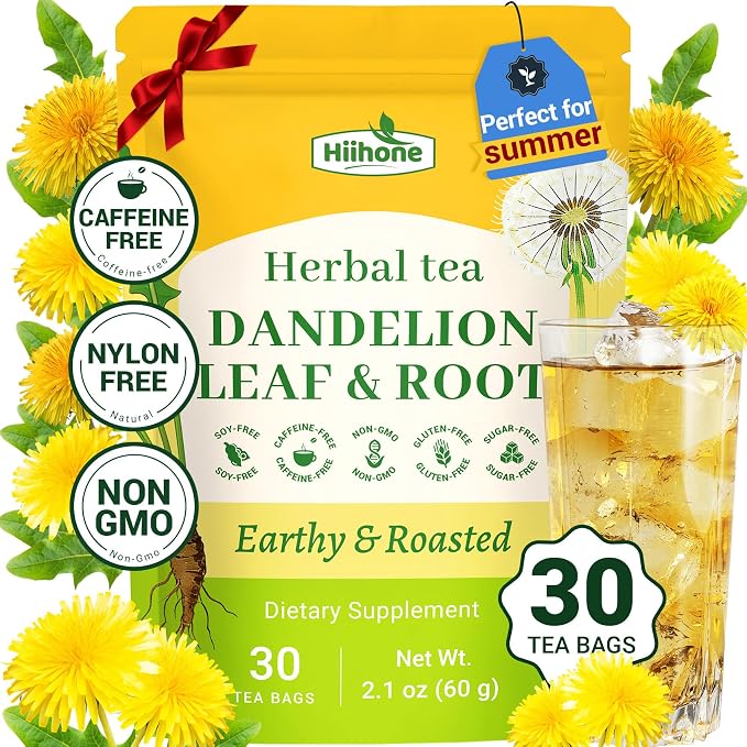 Hiihone Dandelion Root & Leaf Tea Bags 30 Count – Caffeine-Free Dandelion Herbal Tea, Supports Liver Cleanse, Detox & Digestion, Roasted Dandelion Root Tea, Natural Non-GMO