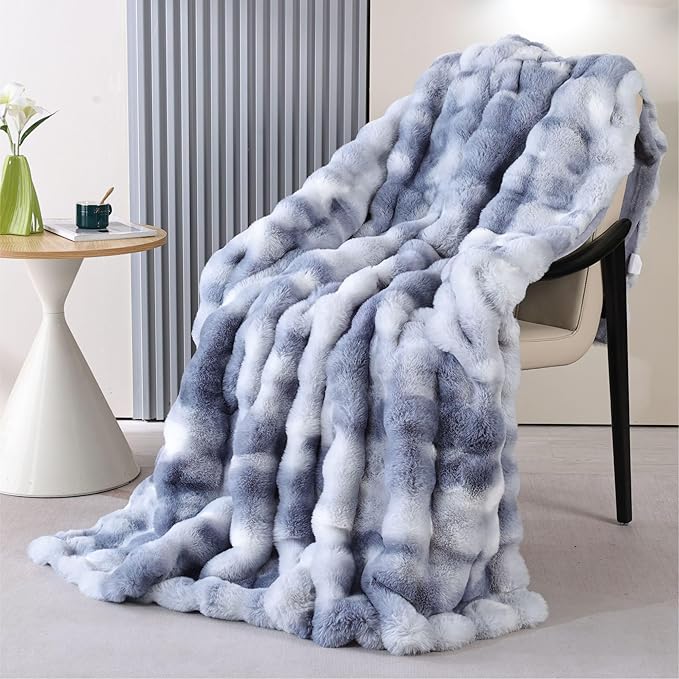 Tie-Dye Blue Faux Fur Throw Blanket for Couch, Snuggly Double-Sided Bubble Plush Blanket with Soft Flannel Back, Decorative Throw for Sofa or Bed, Machine Washable, 60 x 80, 860 GSM