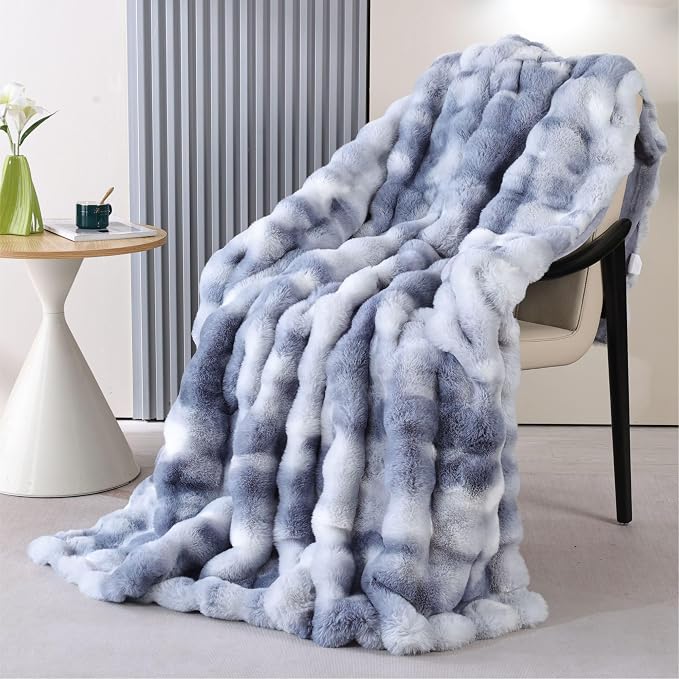 Tie-Dye Blue Faux Fur Throw Blanket for Couch, Snuggly Double-Sided Bubble Plush Blanket with Soft Flannel Back, Decorative Throw for Sofa or Bed, Machine Washable, 50 x 60, 860 GSM