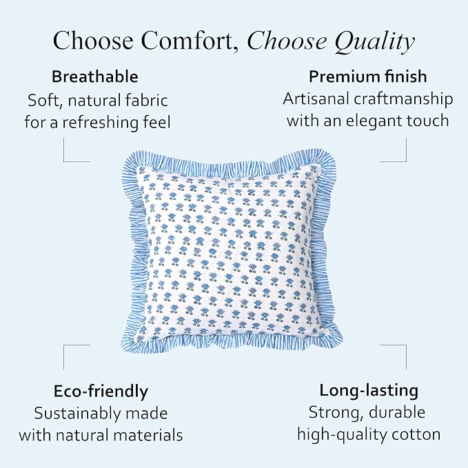 CPC Arctic Blue Hand Block Print 100% Cotton Ruffle Throw Pillow Cover 20x20 inch with Hidden Zipper Decorative for Couch, Bed, Sofa, Farmhouse, Cottagecore Decor Gift Christmas Fall Thanksgiving