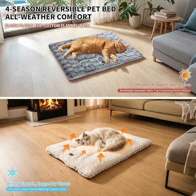 Self Warming Cat Bed for Indoor Cats, Soft Faux Rabbit Fur Mat | 23.6"x15.7", Faux Rabbit Fur with Ridged Chenille, Silent Crinkle-Free, Double-Sided Cozy, Non-Slip Bottom, Machine Washable