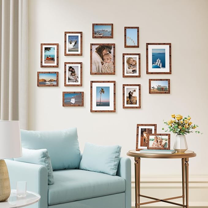 Vittanly 15 Pack Picture Frames Collage Wall Decor, Wall/Tabletop Display | Rustic Brown, Multi-Size Gallery Wall Frame Set: 3pcs 8x10, 6pcs 5x7, 6pcs 4x6. Picture Frame Set for Family