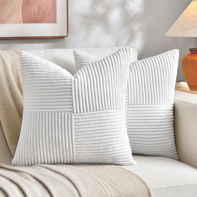Fancy Homi Set of 1 White Square Decorative Throw Pillow Covers 14x14 Inch for Living Room Bedroom Couch Bed Sofa, Soft Striped Corduroy Modern Rectangle Accent Cushion Case 35x35 cm