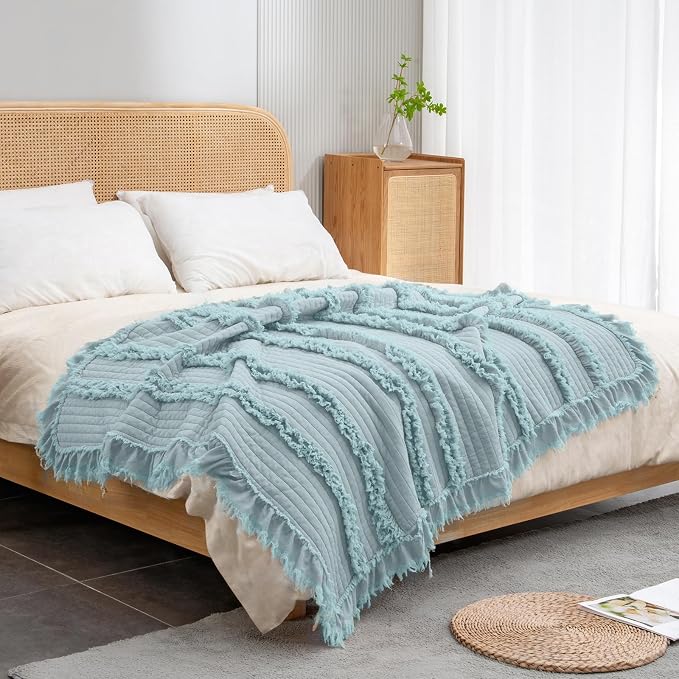 Ultra Soft Pre-Washed Warm Quilted Throw Blanket, Ruffle Fringed Blue Boho Decorative Throw, Stone Washed Chic Rustic Blanket for Sofa Couch Bed Chair, 50"x 60"