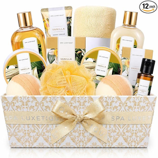 Spa Gift Baskets for Women, Luxetique Spa Kit for Women, 12pcs Vanilla Bath and Body Sets, Birthday Gifts, Self Care Gifts for Mom, Wife, Girlfriends