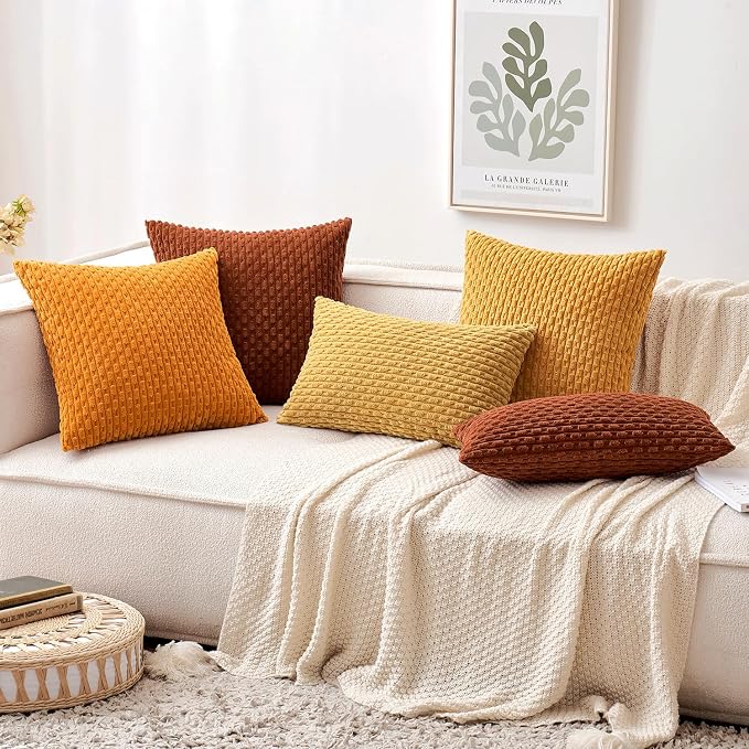 MIULEE Lumbar Decorative Throw Pillow Covers 12x20 Gold Textured Corduroy | Striped Pack of 2 Striped Pillow Covers Modern Farmhouse Home Decor for Couch Bed Sofa Living Room