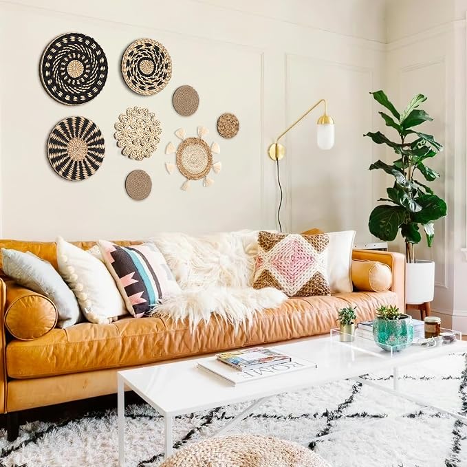 LOMOHOO Set of 9 Boho Wall Basket Decor Wicker Woven Wall Basket Decoration | LOMOHOO Bohemian Handcrafted Round Basket Hanging Decor Bulrush Wall Art Decors for Living Room Rustic Home