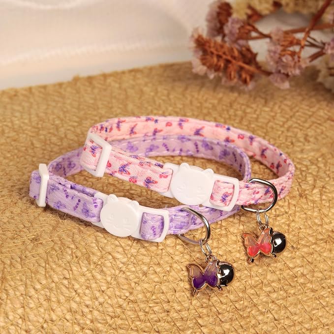 Cat Collars for Girl Cats & Boys, 2 Pack Soft Cotton Breakaway Collar with Removable Bell and Cute Charms, Adjustable Safety Pet Necklace, Butterfly