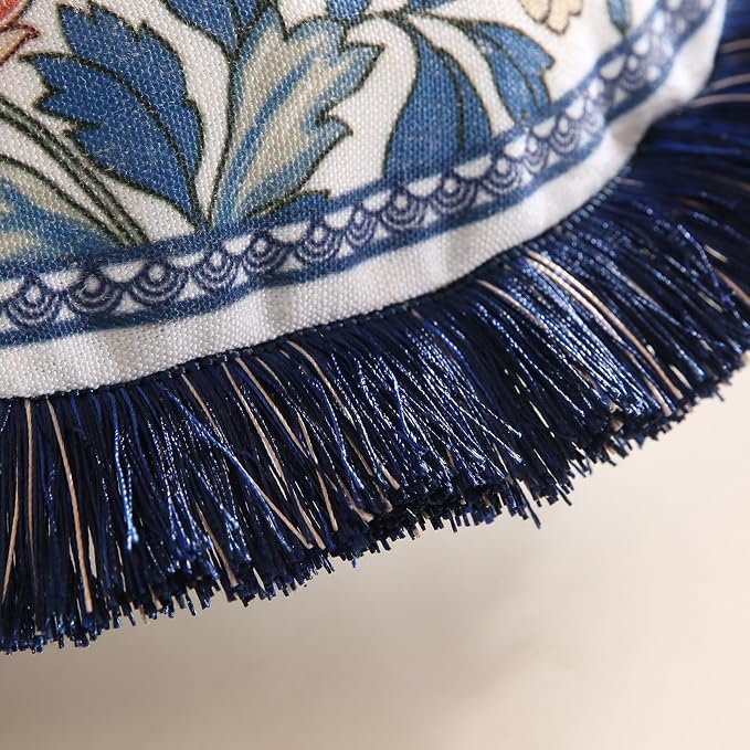 patdrea Designer Vintage Linen Throw Pillow Cover,Diameter 16"-Ivar A | Decorative Pillow Case,Chinoiserie Blue Floral Print Pillow Cover for Couch Living Room Bedroom Sofa,Fringe Trim