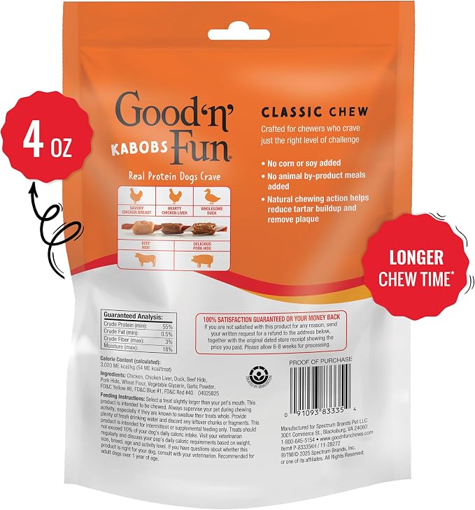 Good 'n' Fun Kabobs Long-Lasting Dog Treat Made With Real Protein, 4 oz | Premium Chicken, Pork and Beef Hide Chew, Supports Dental Health and Mental Stimulation, For Adult Dogs