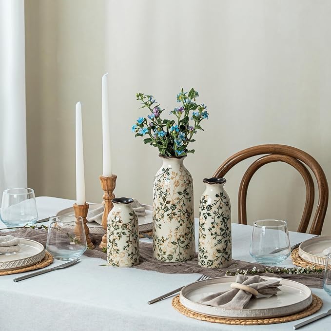 Ceramic Flower Vase Set for Home Decor, Vintage Green Vase (6+8+10 Inch) | Rustic Farmhouse Floral Vase for Entryway, Living Room, Kitchen, Coffee Table, Mantel, Bookshelf, Wedding Centerpiece