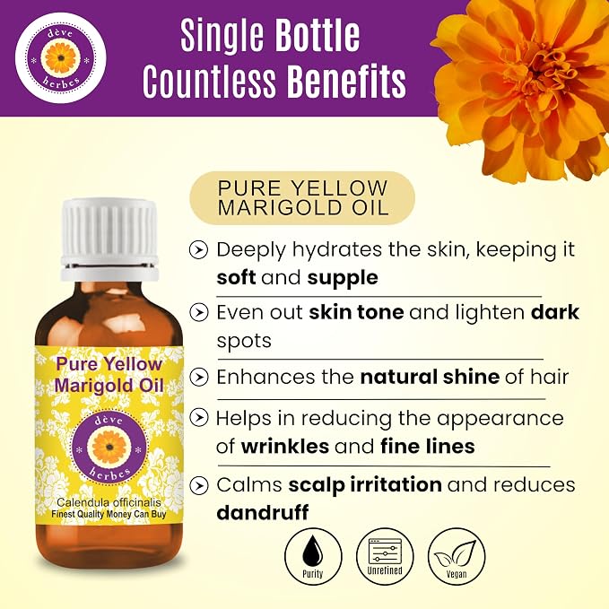 dève herbes Yellow Marigold Oil (Calendula officinalis) | Infused | Pure | Non-Sticky | Lightweight | for Facial Care | Men & Women | 15ml (0.50 oz)