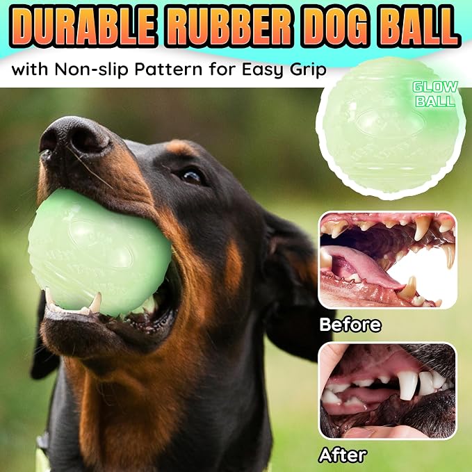 LECHONG 4-Pack 3.5” Glow Squeaky Dog Balls,Bouncy Glow in The Dark Dog Ball with Squeaker, Durable Dog Rubber Ball Toys Glowing Fetch Balls for Medium Large Dogs Nighttime Playing Indoors & Outdoors