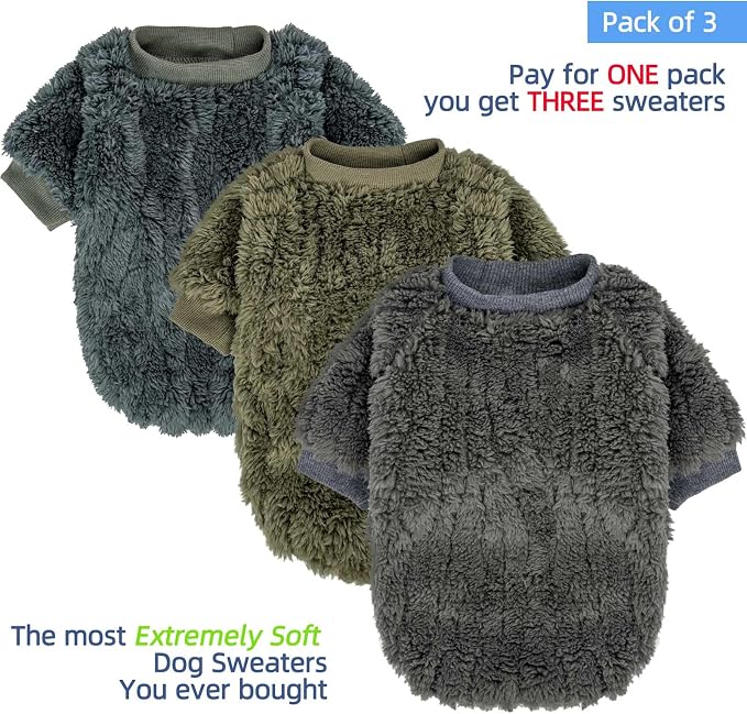 FabriCastle Dog Sweater, 3-Pack Dog Clothes & Coat, Pet Jacket for Small Dogs Boy or Girl, Soft and Warm Cat Sweaters Doggy Apparel Costumes Christmas (Dark Teal,Army Green,Dark Grey, X-Large)