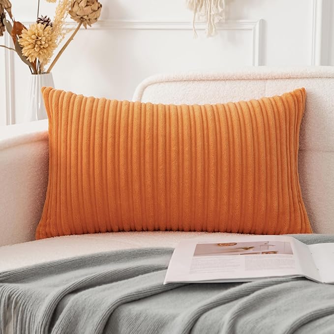 UGASA 14x24 Inch Pillow Cover Pack of 1 Soft Boho Stripe Corduroy Long Rectangle Lumbar Cushion Case Farmhouse Decorative Throw Pilowcase for Bed, Couch, Sofa, Bedroom, Living Room, Orange