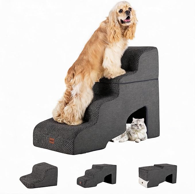 Garnpet Dog Stairs for Bed with Tunnel, 4-Step Dog Steps for Small Dogs and Cats, Non-Slip Indoor Pet Stair for Couch Sofa and Chair, Dark Grey