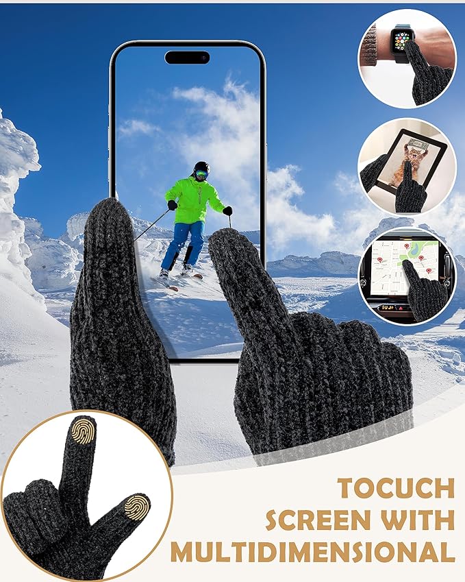 UCQKLI Winter Gloves for Women Chenille, Womens Gloves Cold Weather Fleece Lined, Stocking Stuffers for Women Christmas Gifts