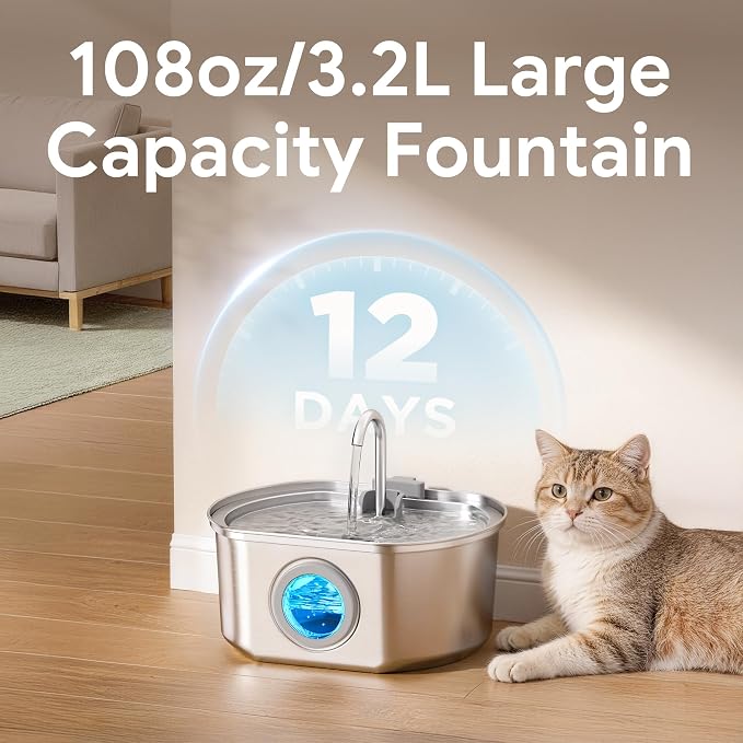 Cat Water Fountain Stainless Steel: 108oz/3.2L Cat Fountain for Drinking | Pet Water Fountain Inside - Automatic Dog Watering Dispenser Bowl - Pet Feeding & Watering Supplies - Water Level Window