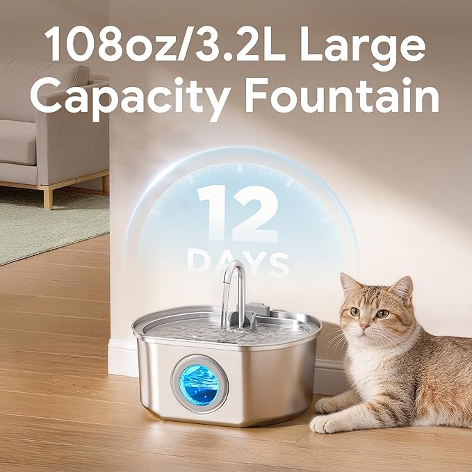 Cat Water Fountain Stainless Steel: 108oz/3.2L Cat Fountain for Drinking | Pet Water Fountain Inside - Automatic Dog Watering Dispenser Bowl - Pet Feeding & Watering Supplies - Water Level Window