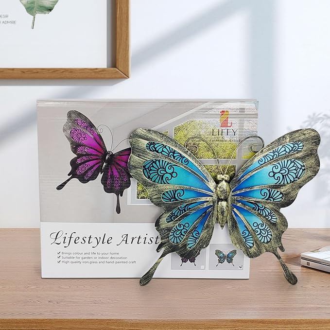 LIFFY Metal Butterfly Outdoor Decor 12"" Hanging Glass Butterflies Wall Decor Garden Art Decorative Ornaments Outside Indoor Home Decor for Living Room Bedroom Patio Fence, Blue