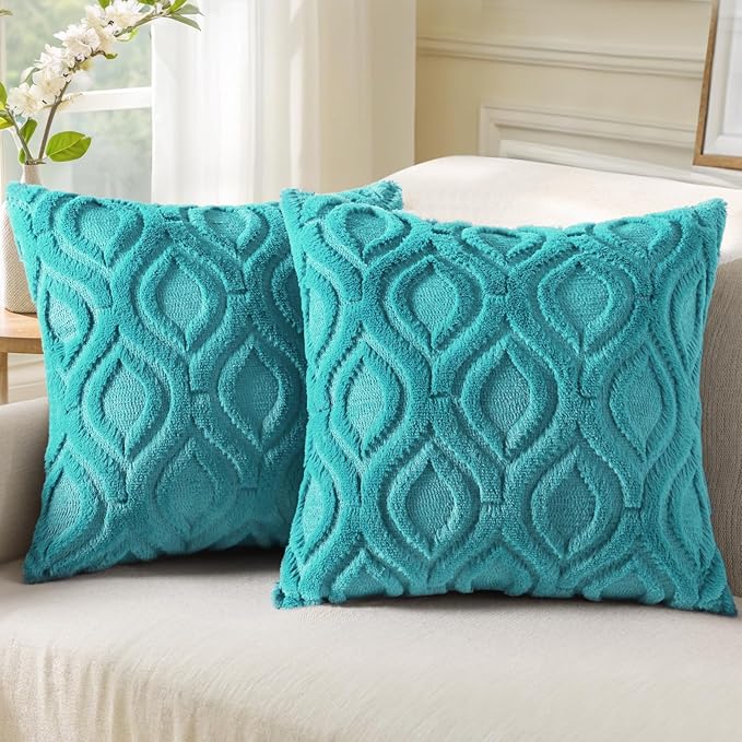 decorUhome Faux Fur Plush Soft Turquoise Throw Pillow Covers 20x20 Set of 2 | Plush Solid Fall Couch Pillow Covers, Accent Modern Farmhouse Neutral Decorative Square Pillow Cases for Sofa Bed Living Room