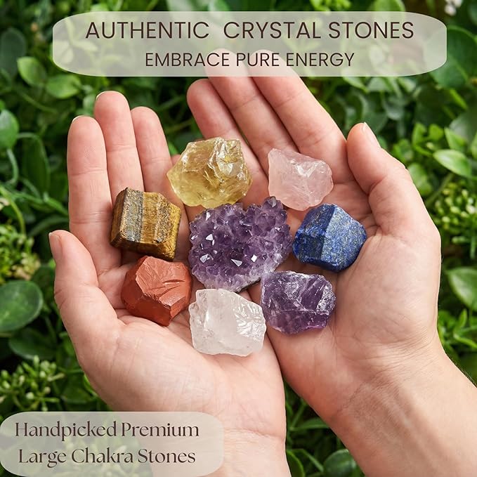 Premium Amethyst Cluster & 7 Chakra Healing Crystals Set - Amethyst, Rose Quartz, Citrine, Lapis Lazuli, Clear Quartz, Tigers Eye, Red Jasper - for Yuga ,Meditation, Reiki, Energy Alignment - with Wooden Gift Box, Guidebook & Velvet Pouch