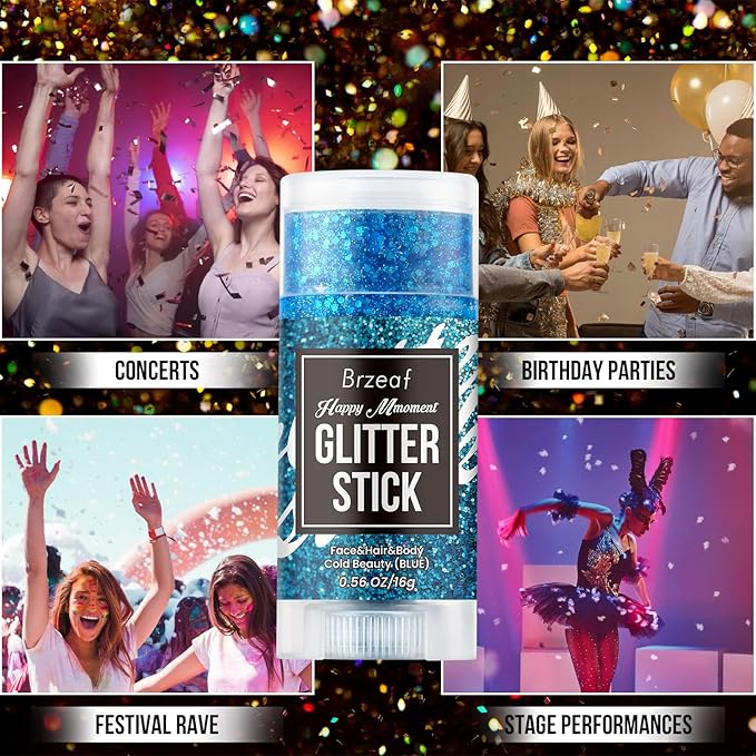 Brzeaf Waterproof Blue Glitter Stick, Christmas Festival Rave Accessories, Safe Ingredients & Long Lasting, Hair Eyeshadow Face Glitter Stick, Singer Concert Music Rave Festival, Glitter Makeup